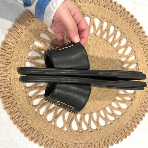 Tory Burch Double T Sport Slide Perfect Black Gold Leather Size 11 - Picture 9 of 12